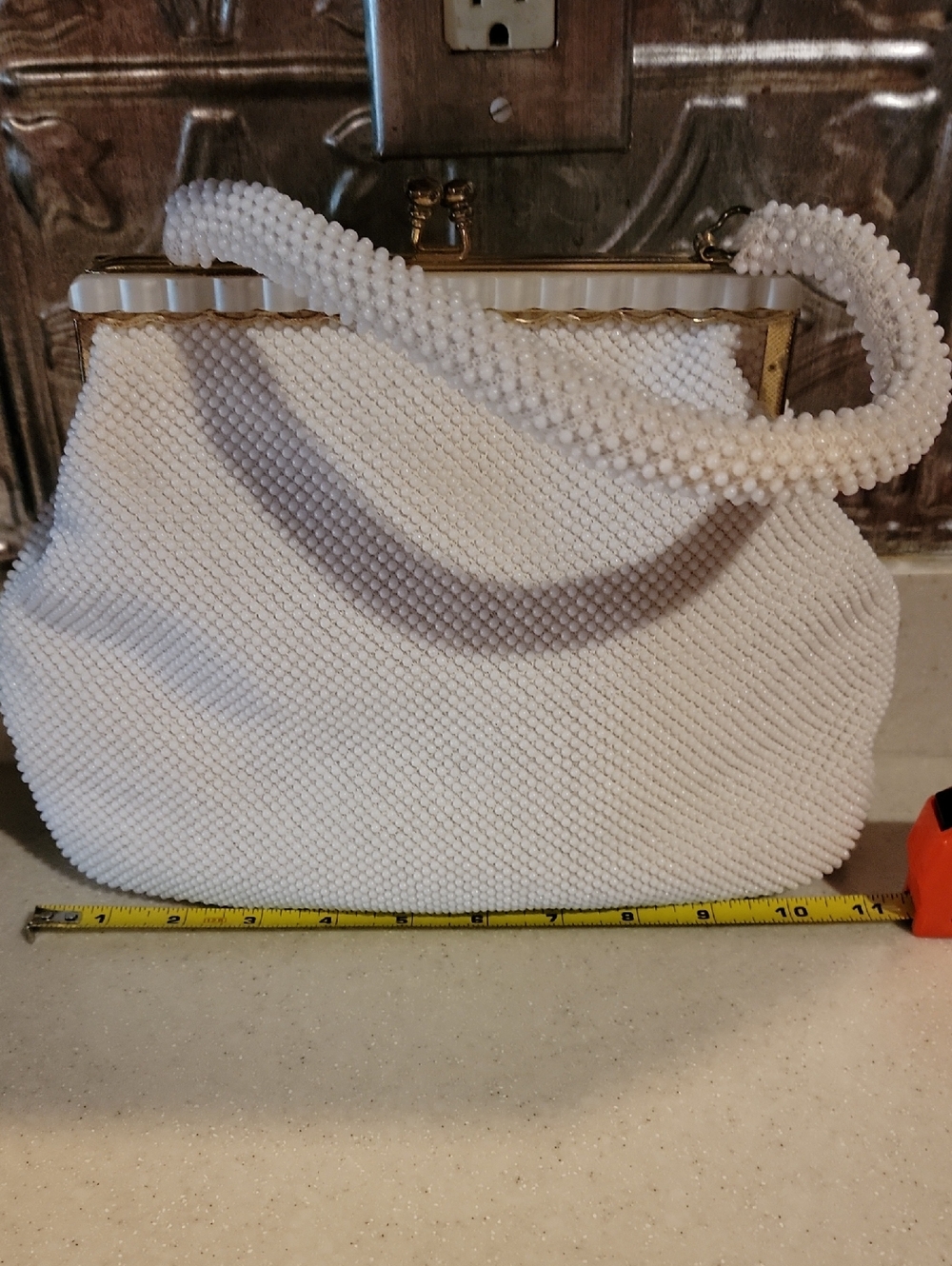 Elegant White Beaded Evening Clutch with Gold Accents